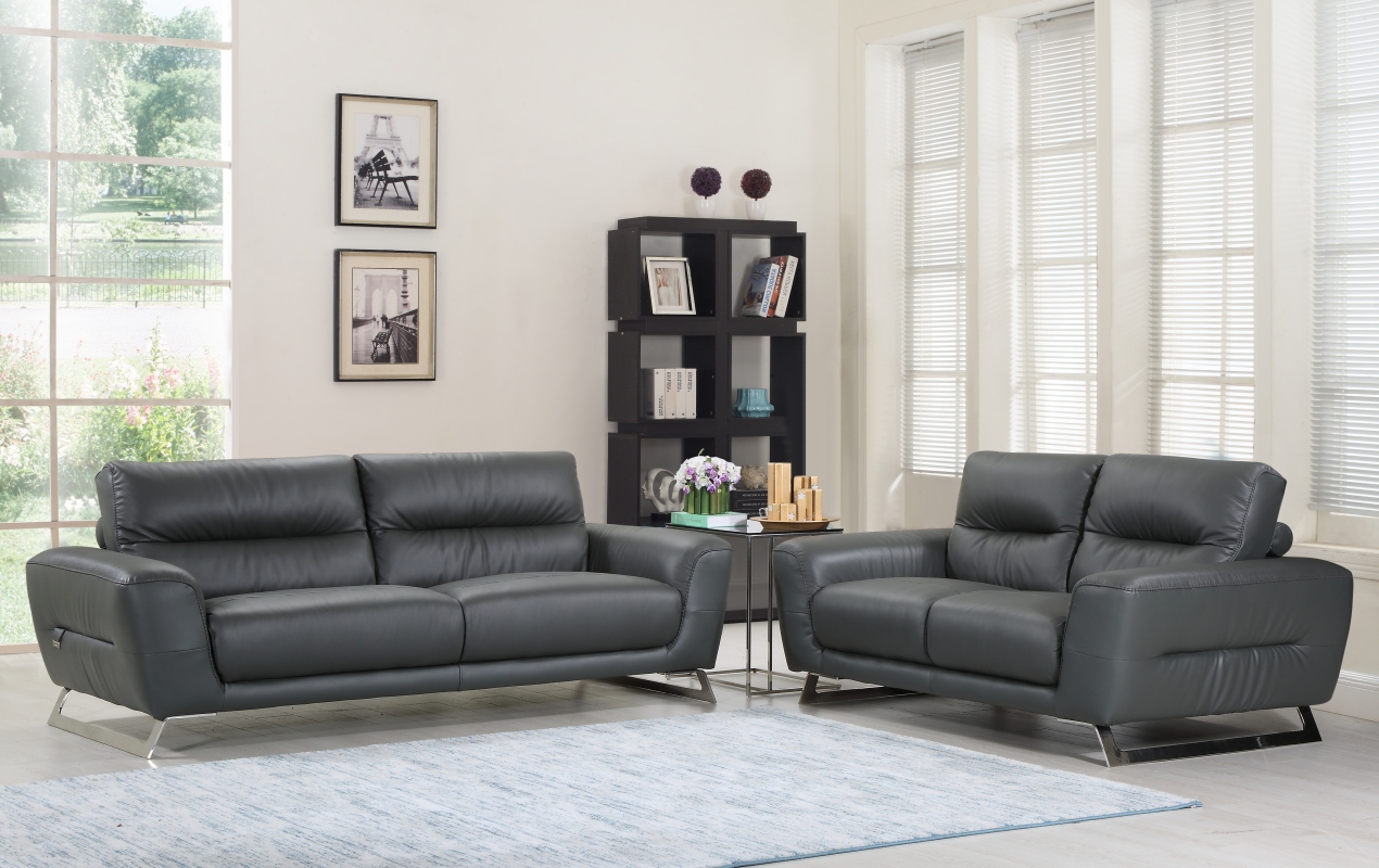 68" X 39" X 34" Modern Dark Gray Leather Sofa And Loveseat