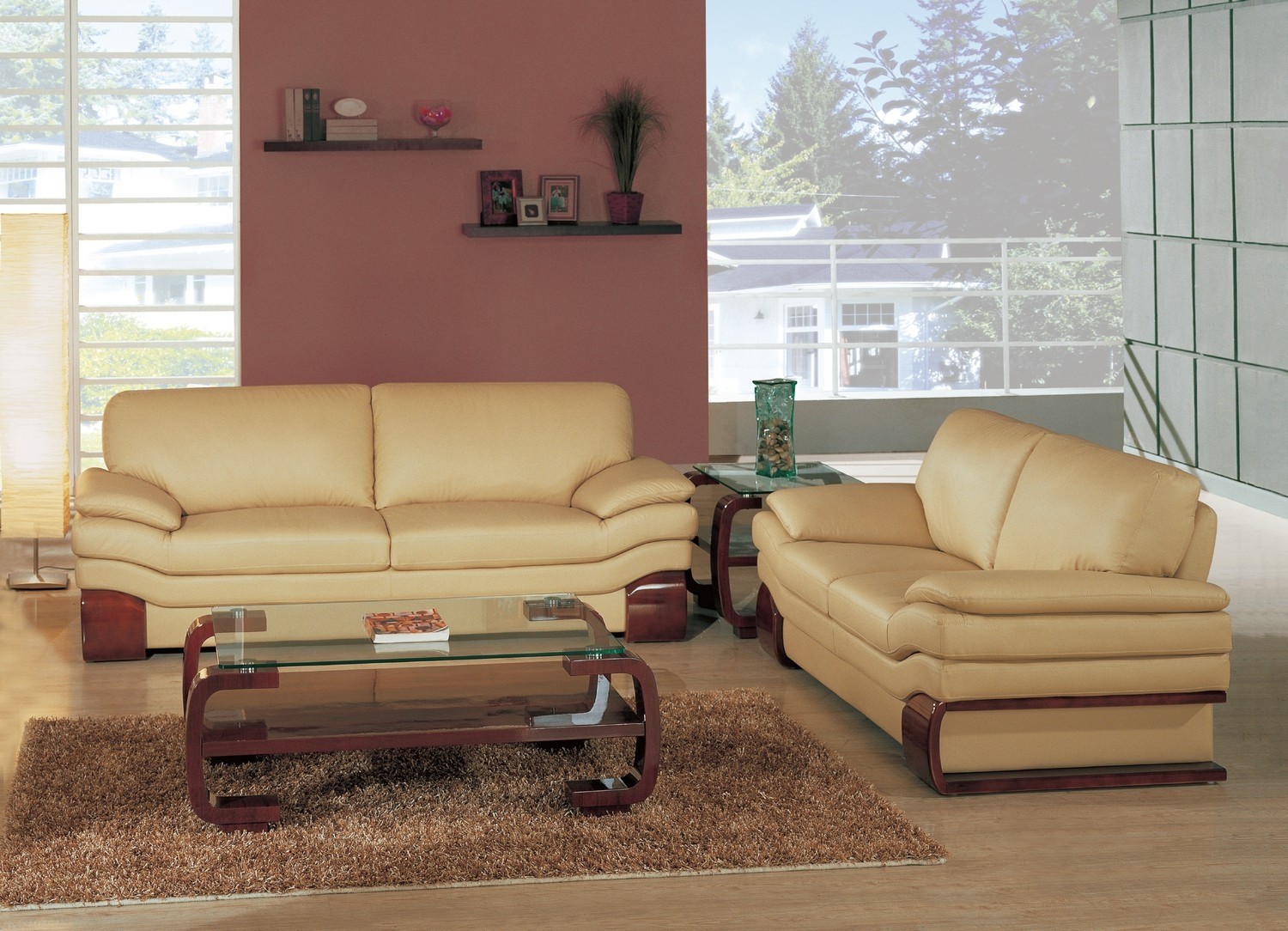 70 X 35 X 35 Modern Beige Leather Sofa And Loveseat