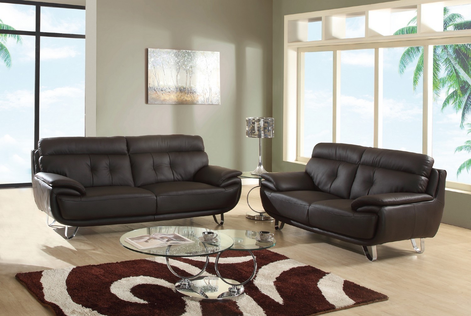 69 X 38 X 48 Modern Brown Leather Sofa And Loveseat