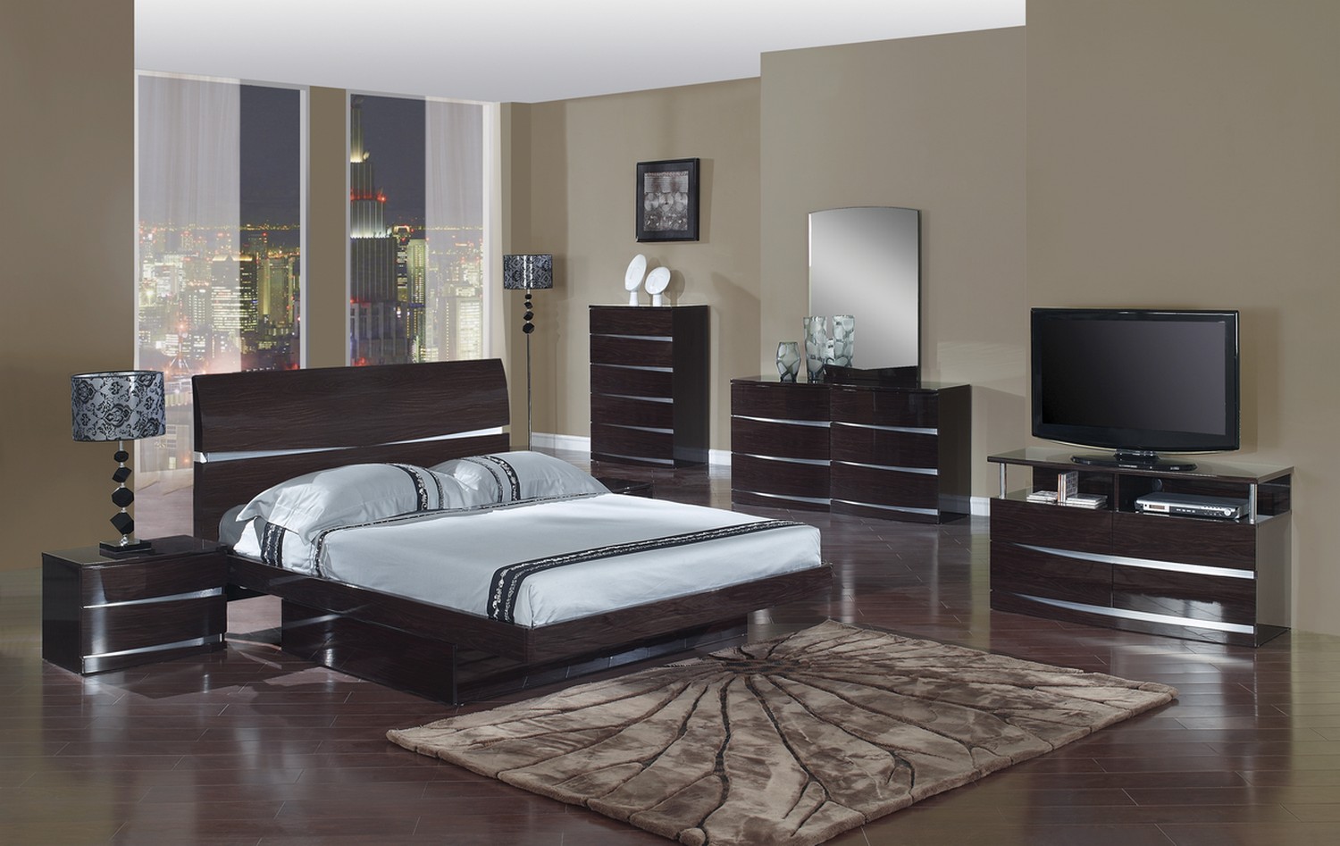 80" X 80" X 42.5" 4pc Eastern King Modern Wenge High Gloss Wenge Bedroom Set