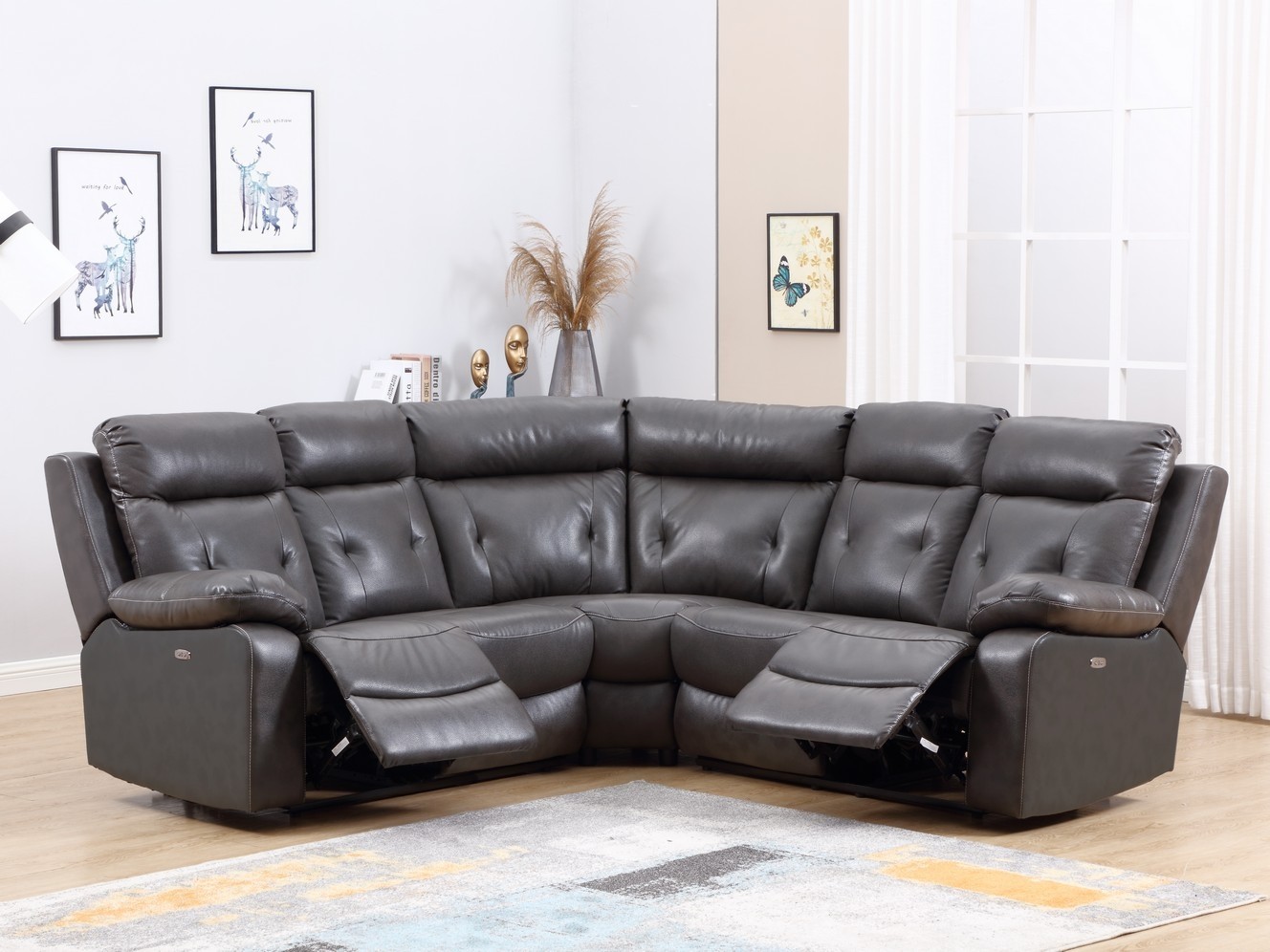 160 X 38 X 40 Modern Dark Gray Leather Sectional With Power Recliners