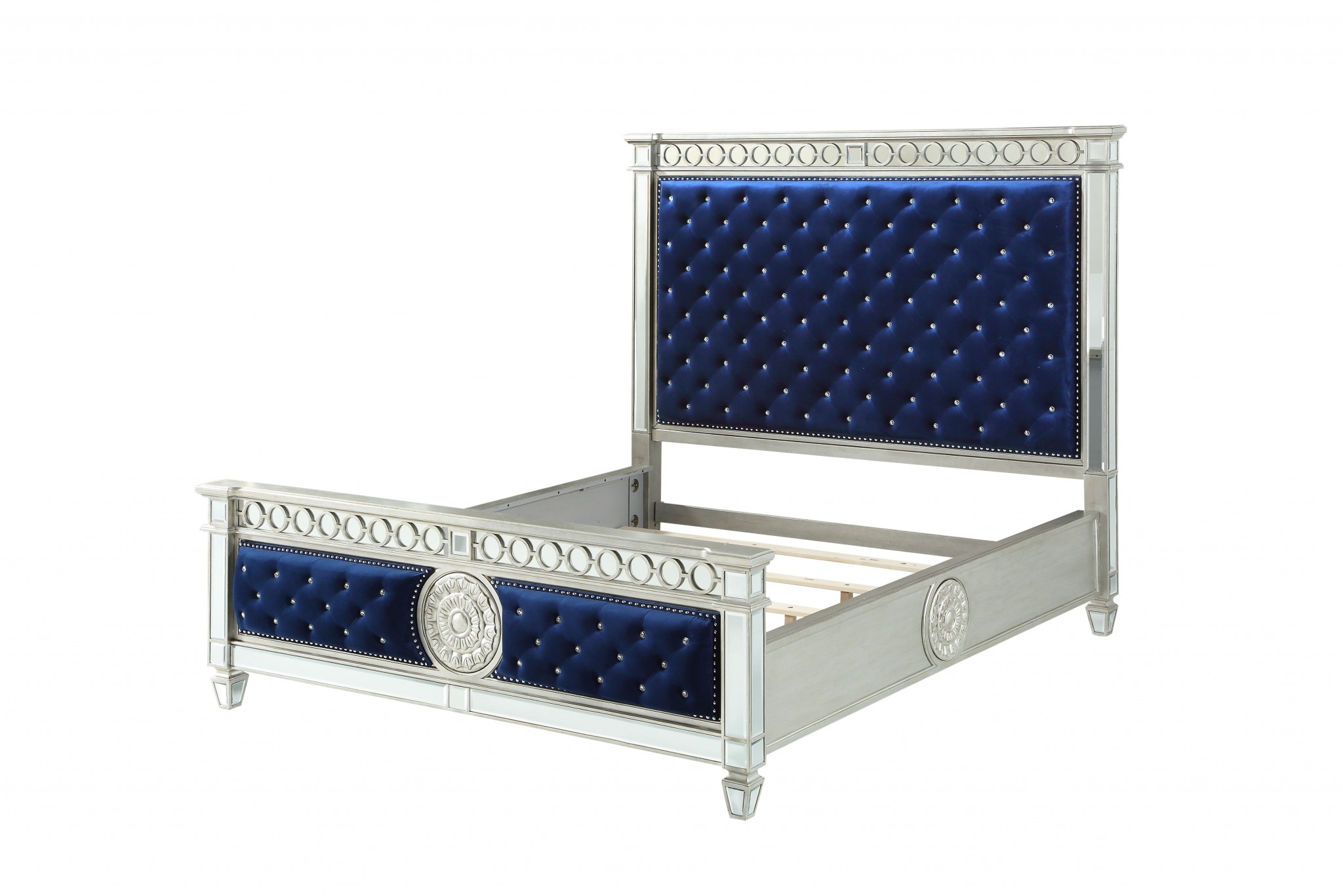 84" X 90" X 72" Blue Velvet Wood Mirror Upholstered (HB/FB) King Bed