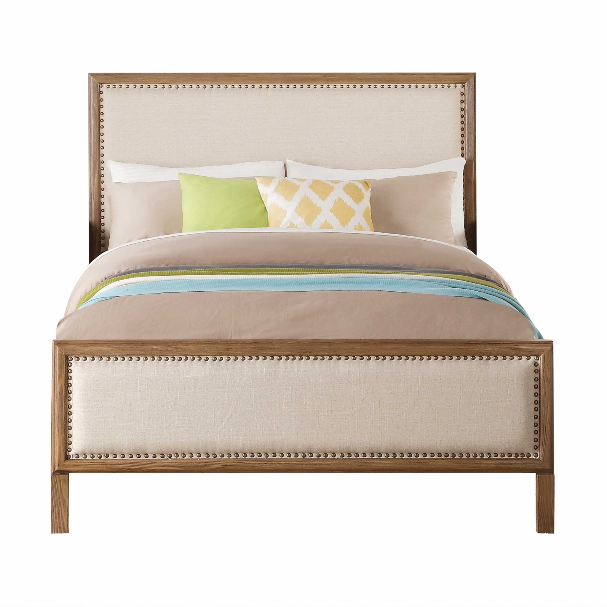 57" X 80" X 53" Beige Linen Reclaimed Oak Wood Upholstery Full Bed