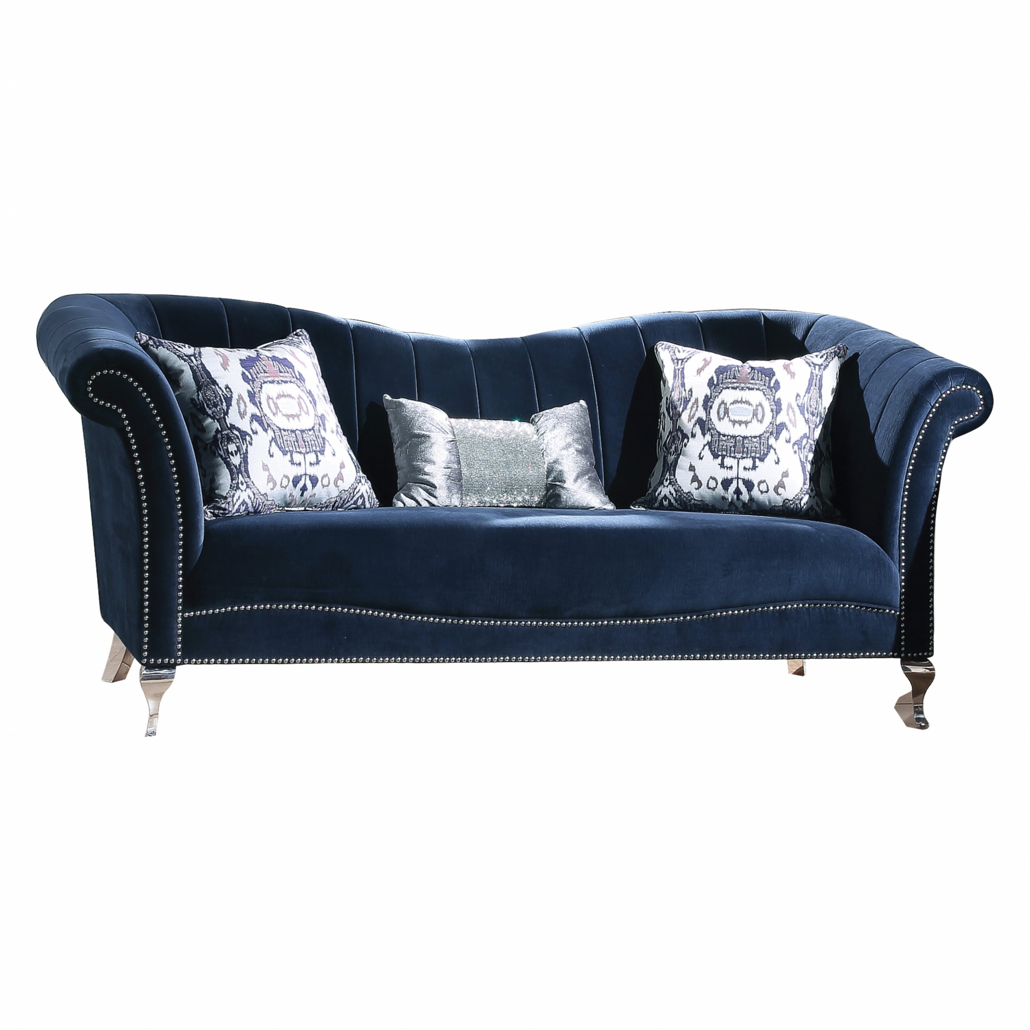 37" X 89" X 39" Blue Velvet Upholstery Acrylic Leg Sofa w3 Pillows