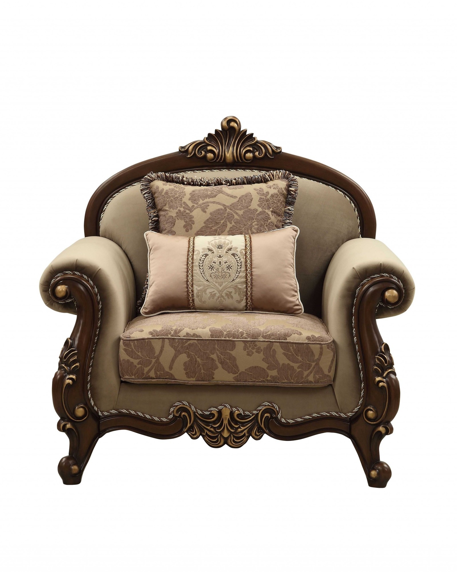 38" X 49" X 45" Fabric Walnut Upholstery Wood Leg/Trim Chair w/2 Pillows