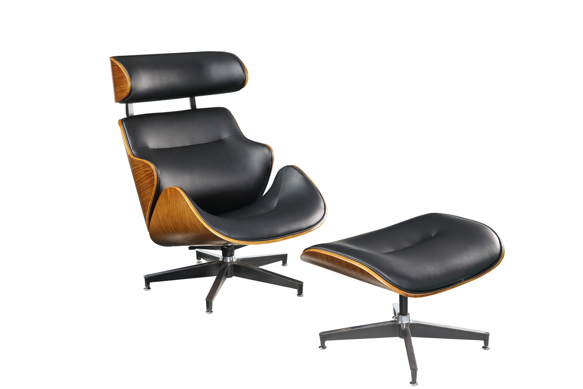 34" X 25" X 38" Black Bonded Leather Walnut Wood Upholstered (Seat) Aluminum Base Chair & Ottoman