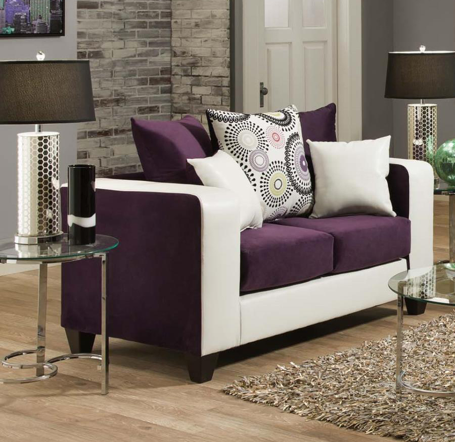 62" X 34" X 37" Implosion Purple Demsey White Deltona Amethyest 100% PU, 100% Polyester Velvet Loveseat, Accent Pillows