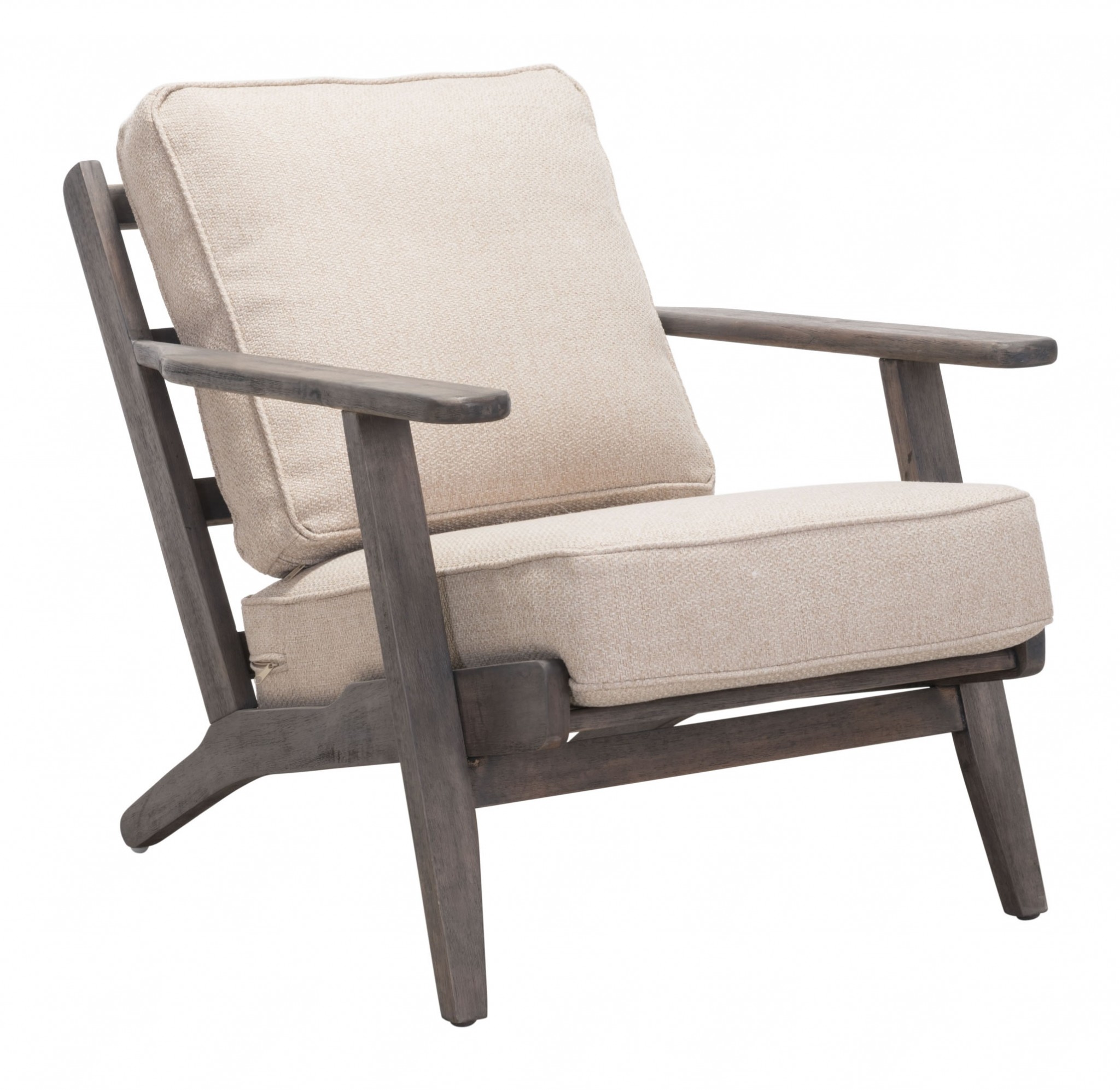 28.9" x 37.4" x 31.9" Beige & Dark Brown, Poly Blend, Rubber Wood, Lounge Chair