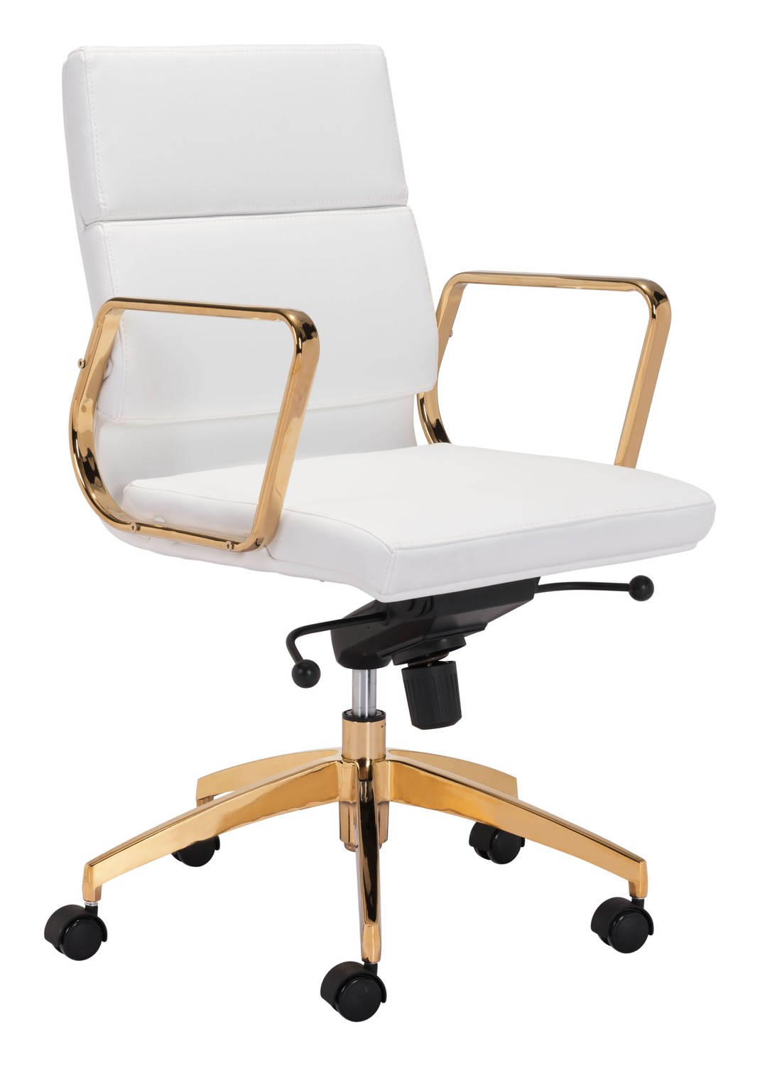 24" x 24" x 37.4" White & Gold, Leatherette, Brass-plated Steel, Low Back Office Chair