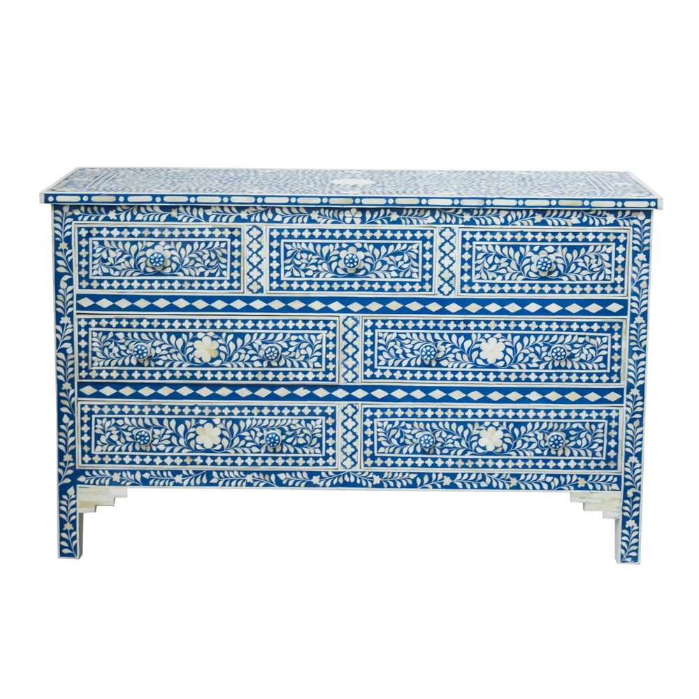 19" X 55" X 35" Blue Bone Resin Mdf Birchwood Ply Chest 7 Drawers