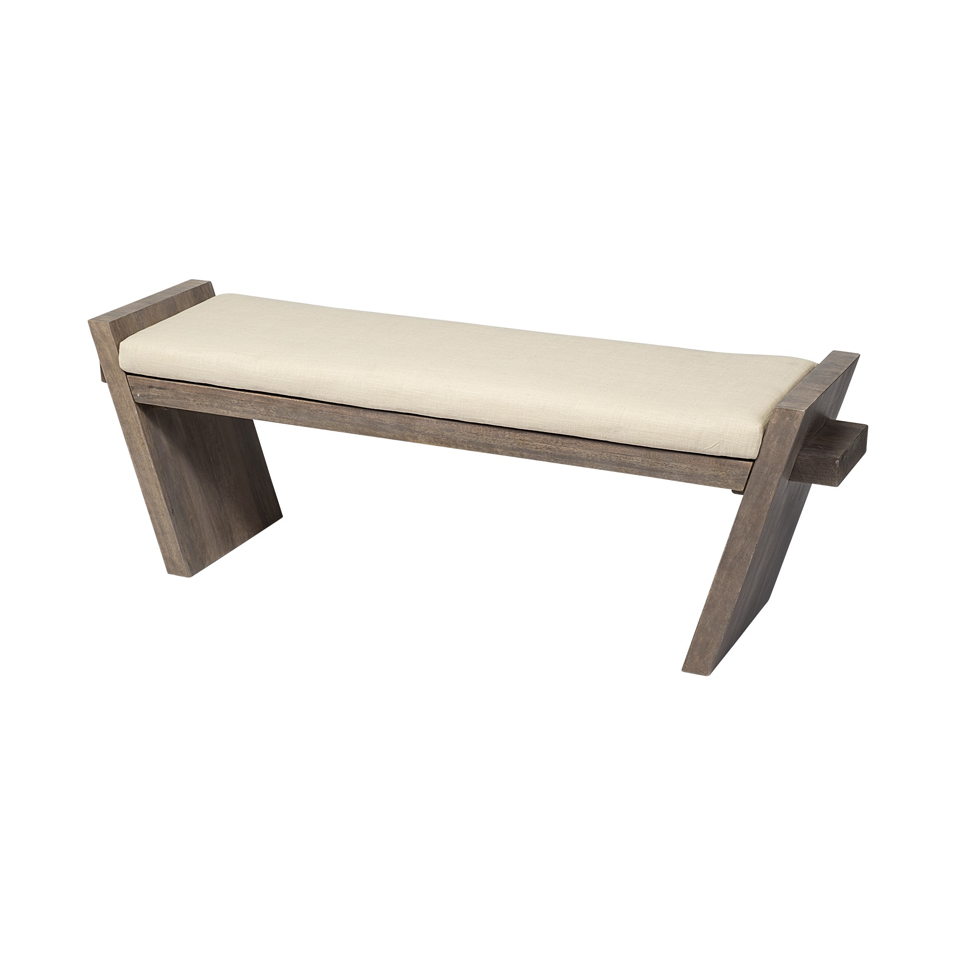Rectangular Mango Wood/Natural-Brown Polished W/ Upholstered Cream Seat Entryway Bench