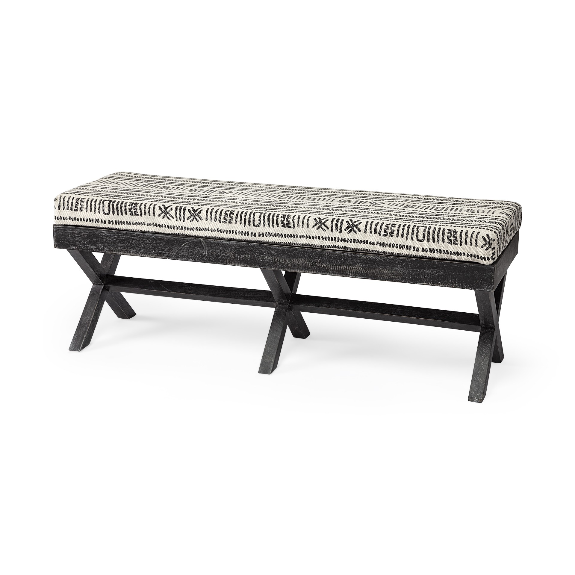 Rectangular Indian Mango Wood/Dark-Brown Finish W/ Upholstered Gray And White Patterned Seat Accent Bench