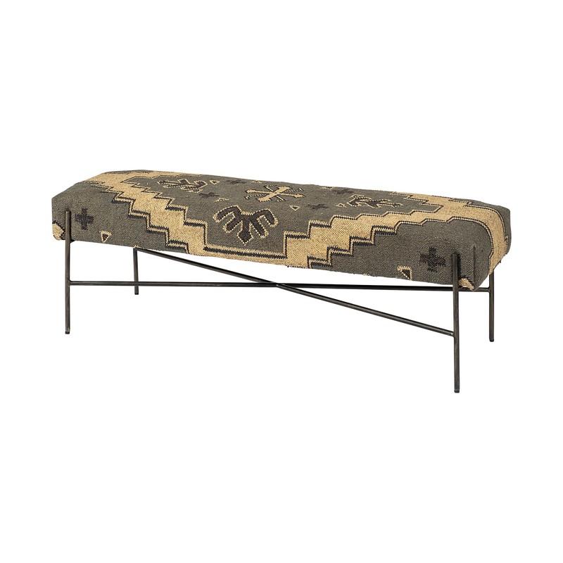 Rectangular Metal/Antiqued-Nickel Toned Base W/ Upholstered Tan Pattered Seat Accent Bench