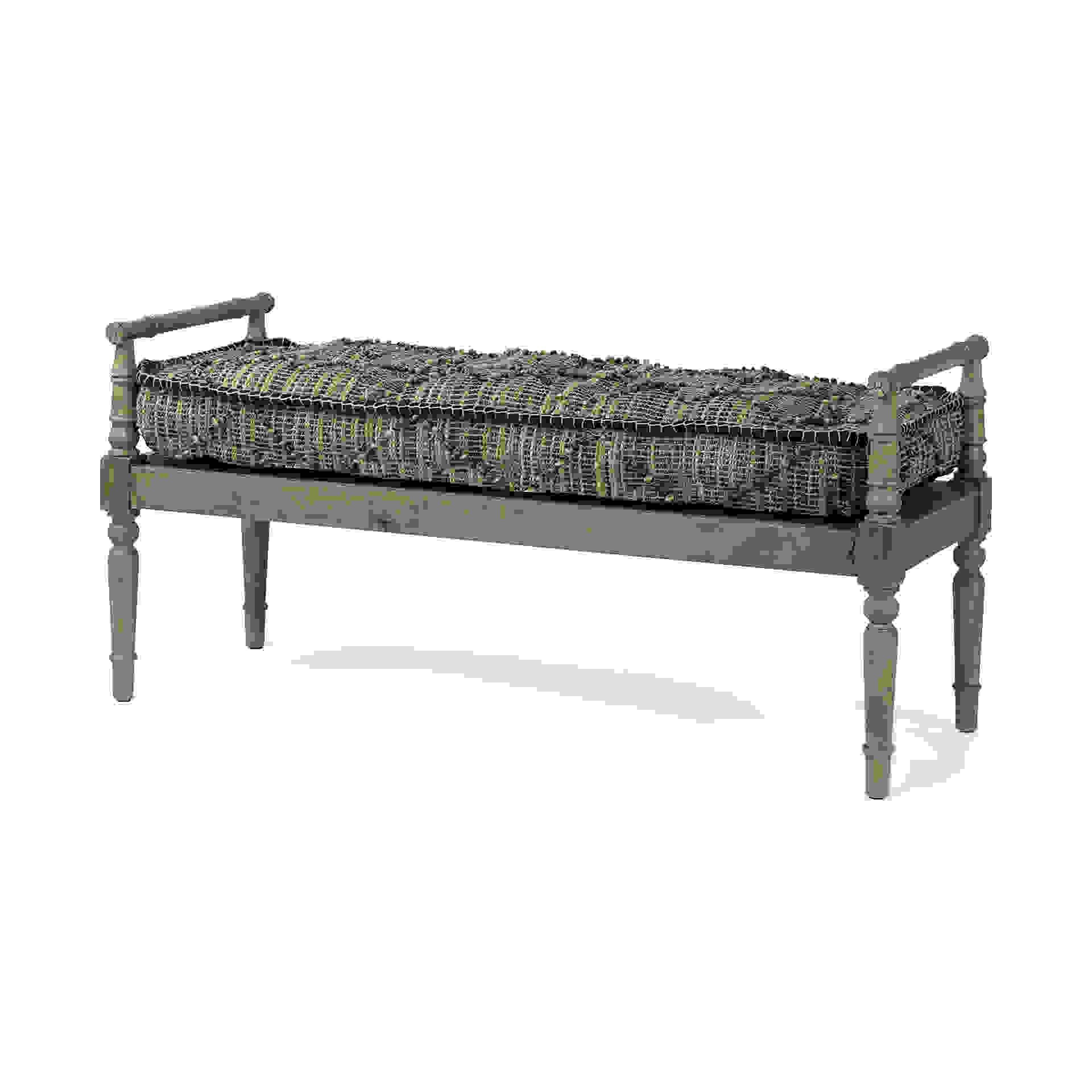 Rectangular Indian Mango Wood/Light Brown And Grey W/ Jute Patterned Top Accent Bench