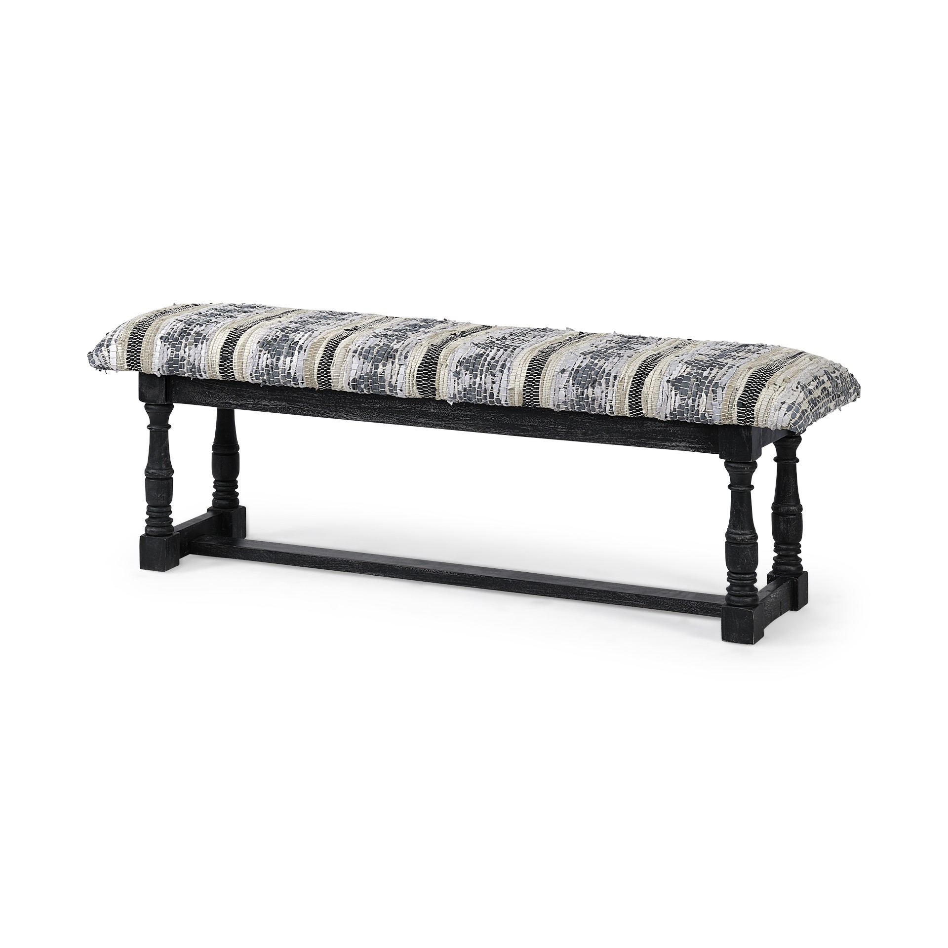 Rectangular Indian Mango Wood/Black W/ Woven-Leather Cushion Top Accent Bench