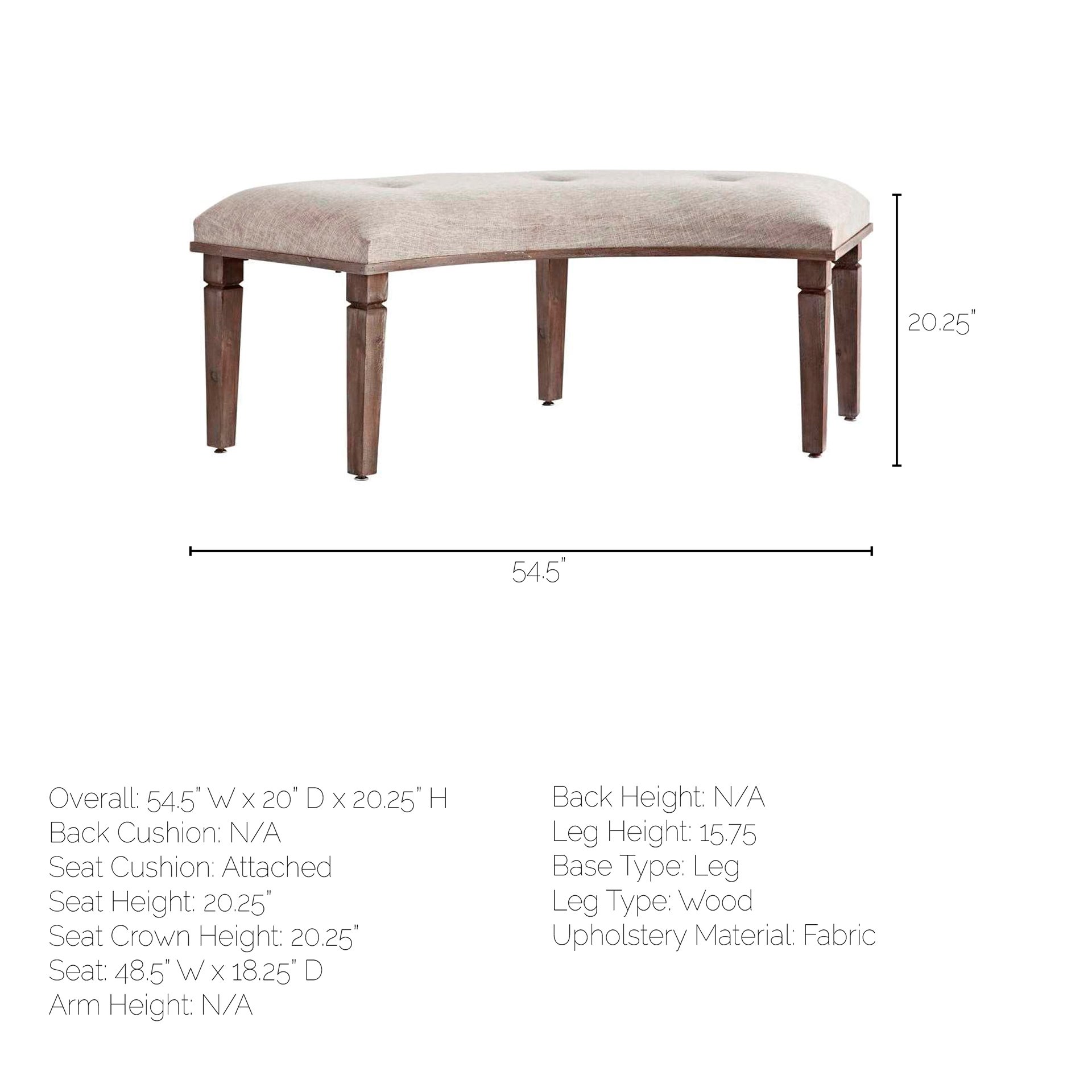 Rectangular Whitewashed Wood/Meduim Brown Curved Beige Upholstered Dining Bench