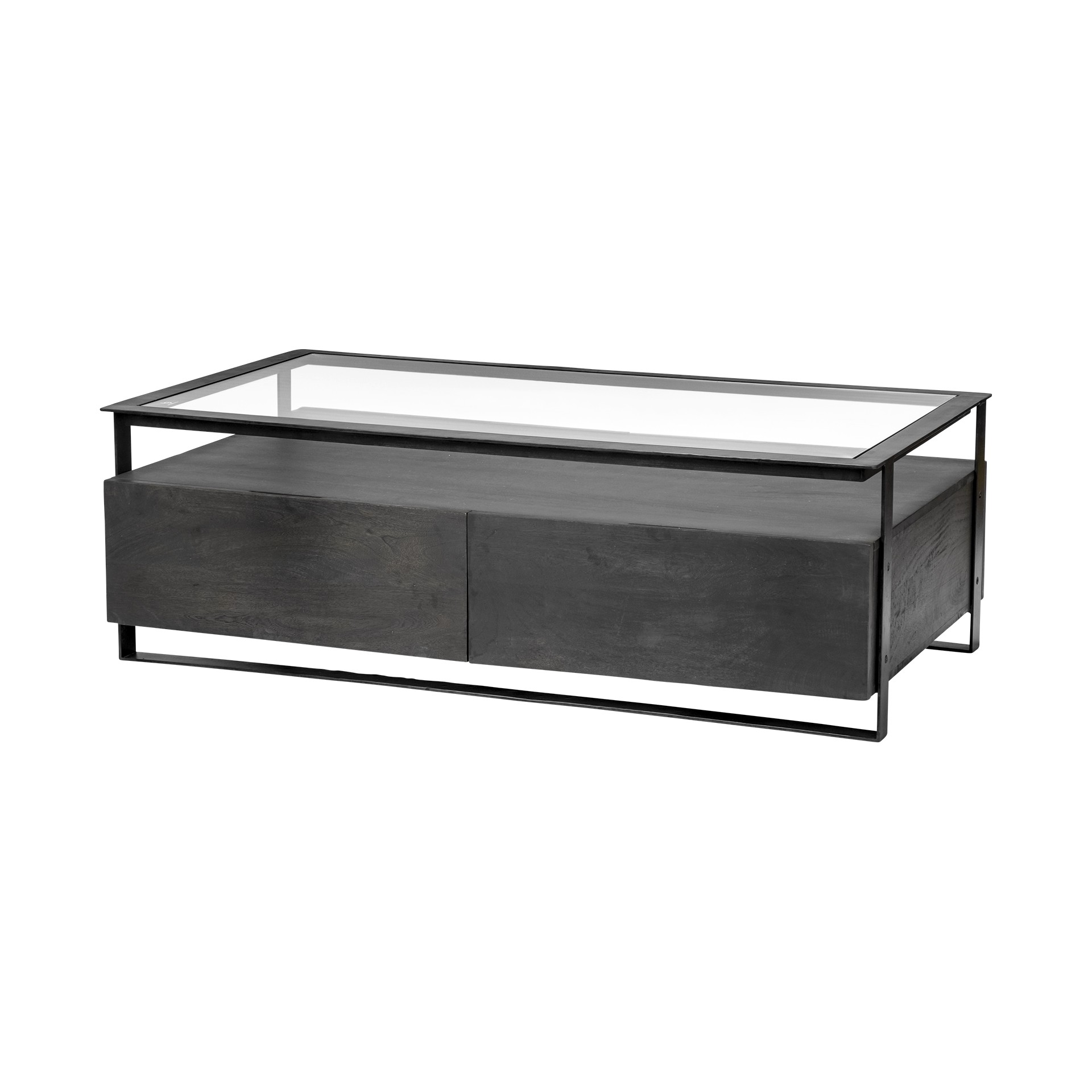 Rectangular Glass Top Solid Black Wood Base Coffee Table w/ 2 Drawers