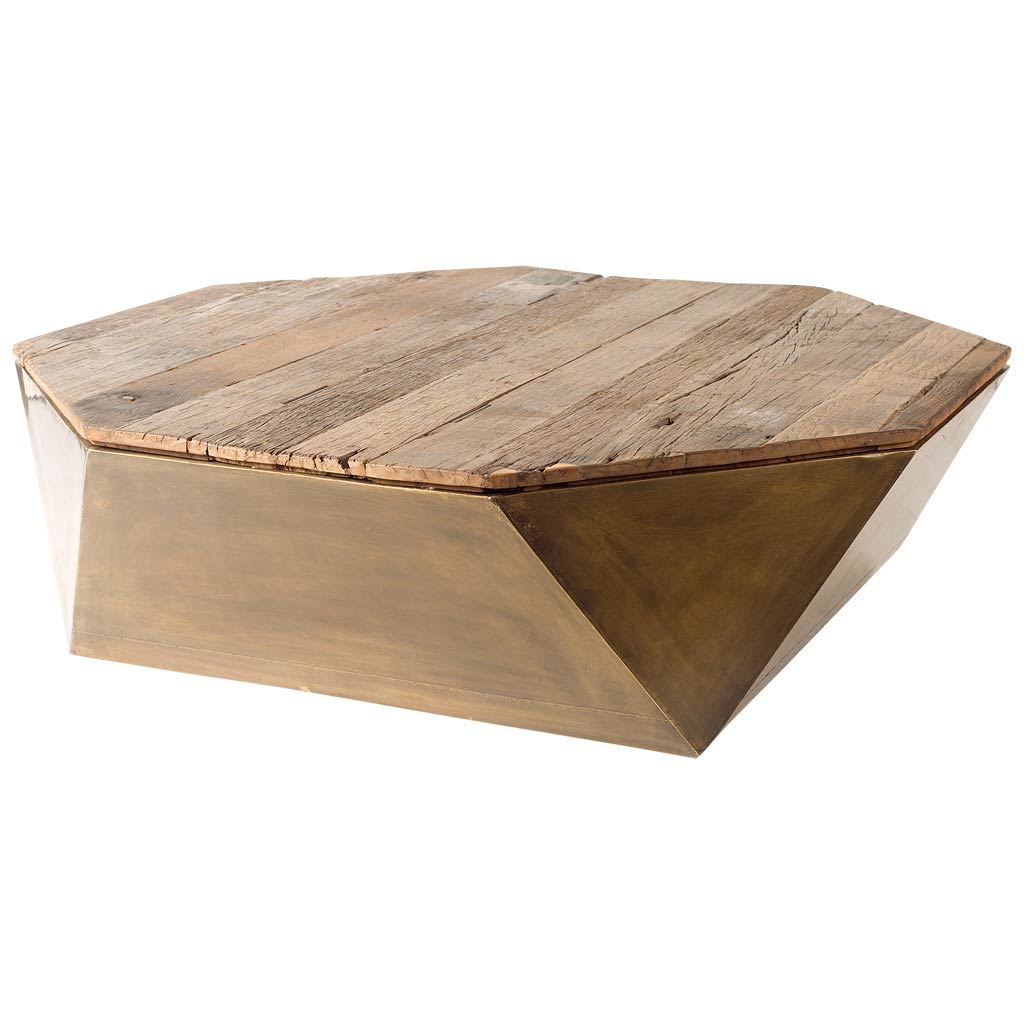 Hexagon Hinged Solid Wood Brass Metal Coffee Table w/ Storage