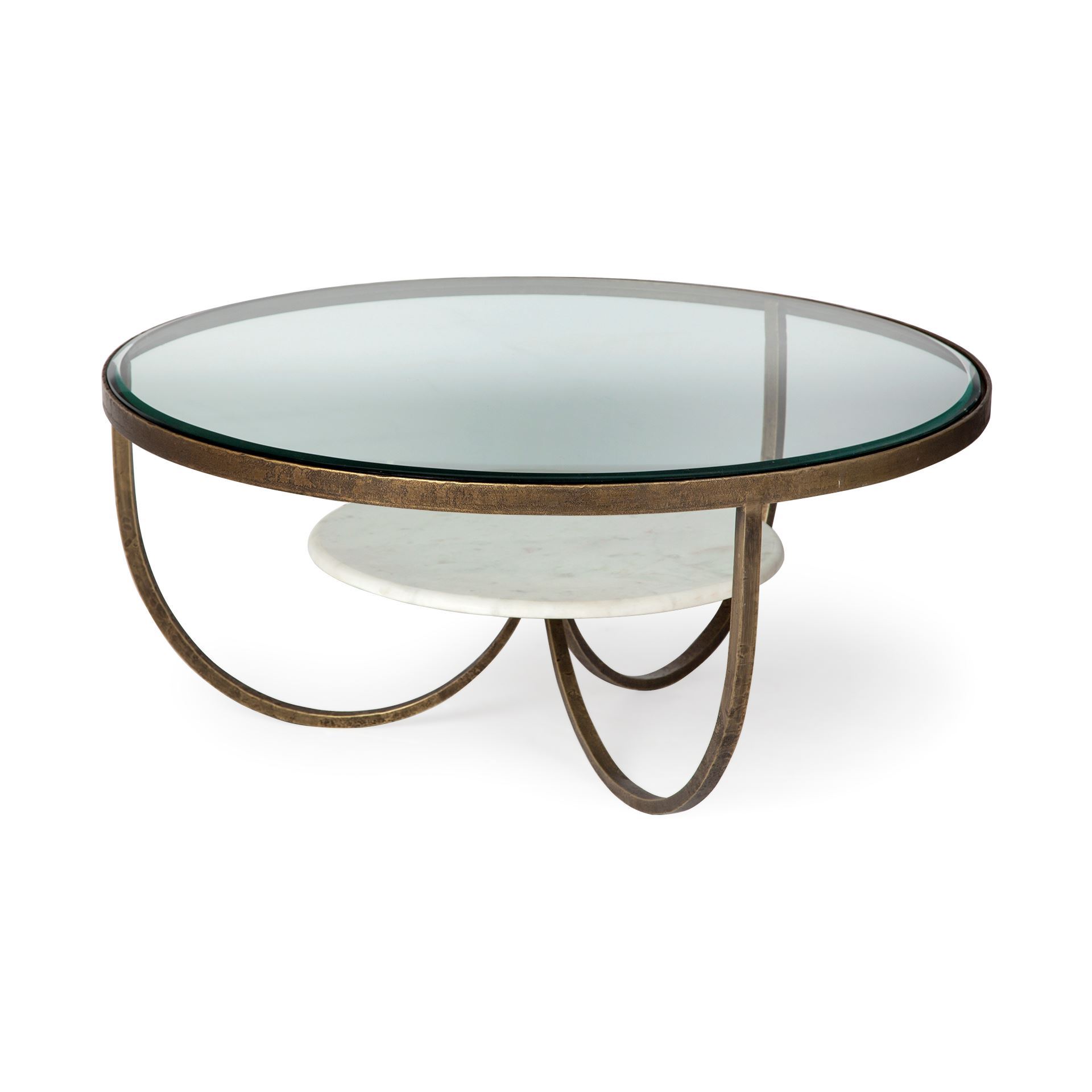 36" Round Glass Top Marble Shelf Gold Base Coffee Table