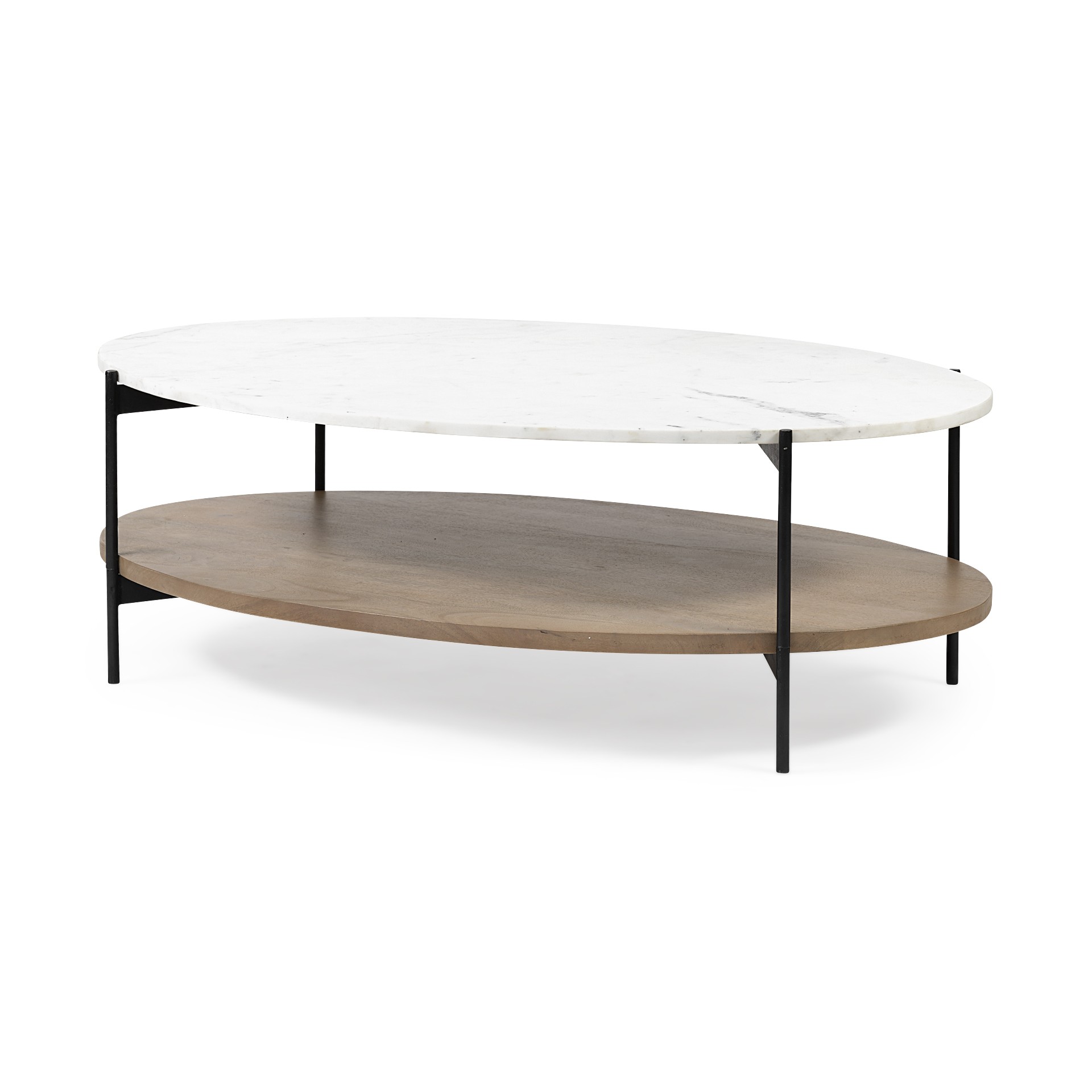 Oval White Marble Top and Black Metal Base Coffee Table w/ Wood Shelf