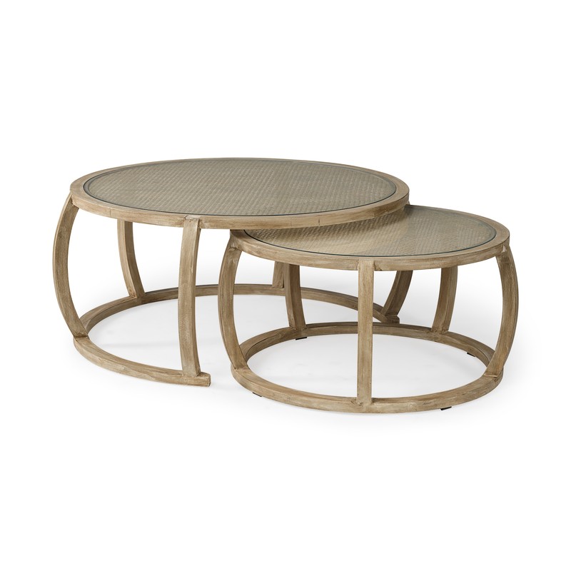 S/2 41.5" Round Woven Cane Glass Top and Solid Wood Coffee Tables