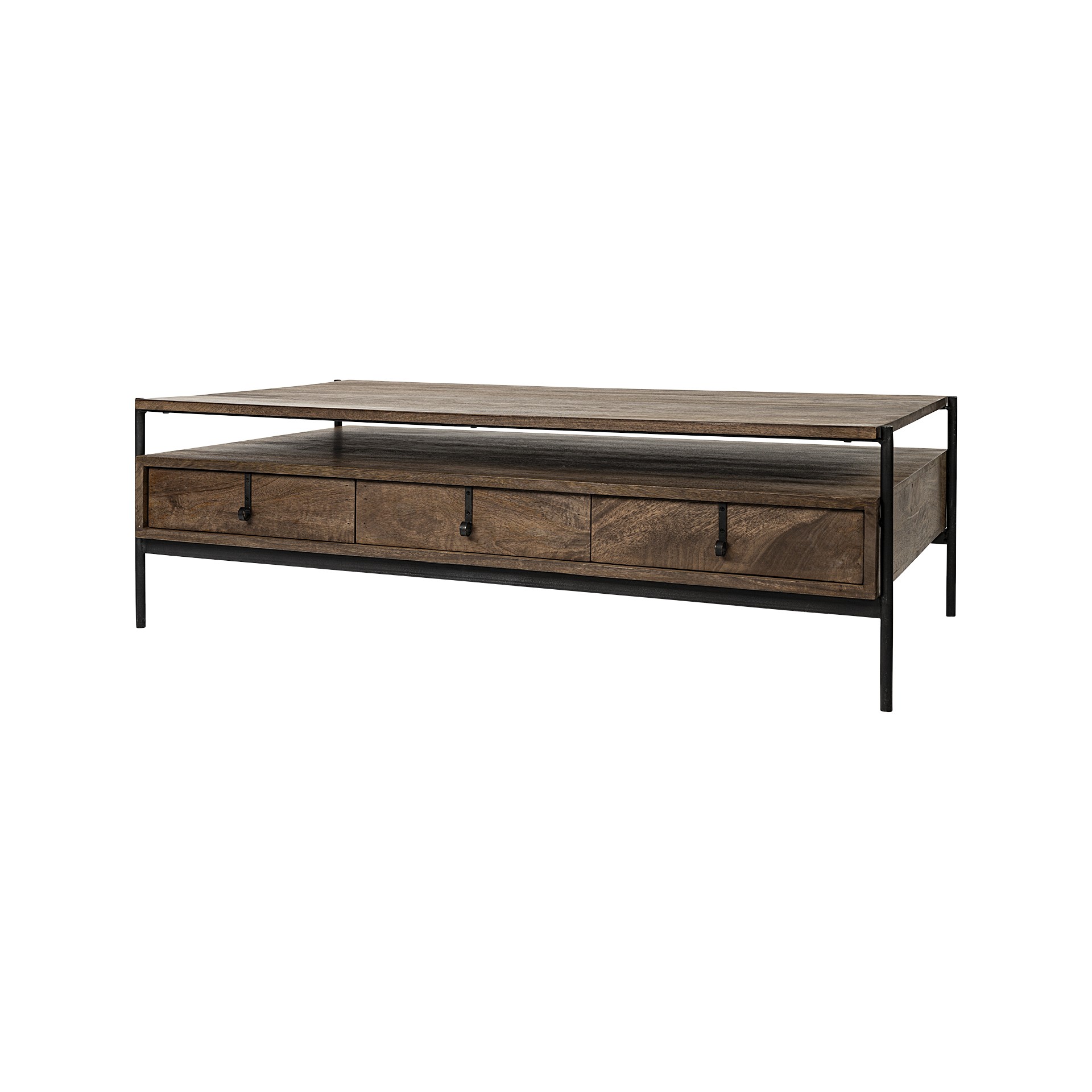 Rectangular Solid Wood and Black Metal Coffee Table w/ 3 Drawers