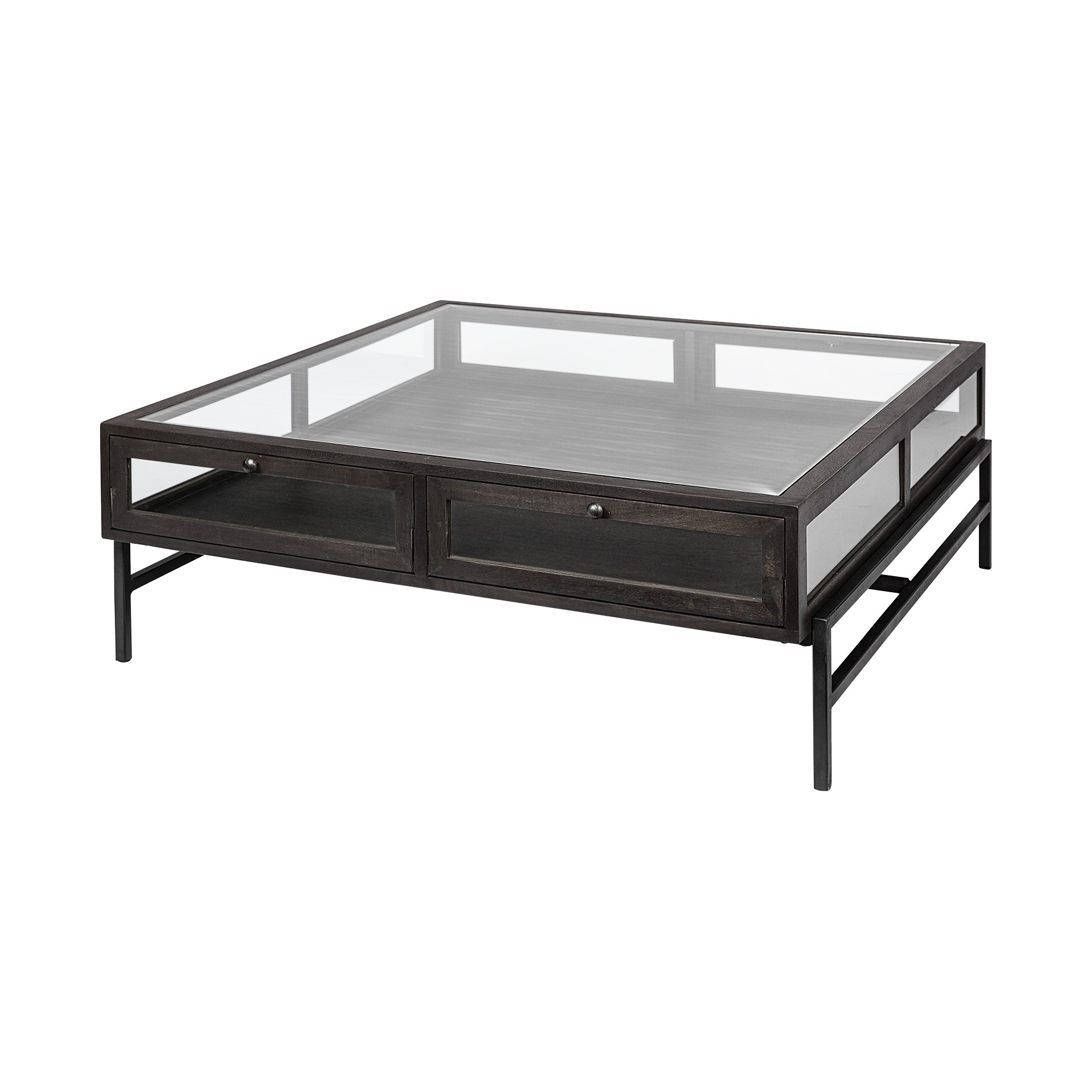 Square Glass Top Wood and Black Metal Base Display Coffee Table w/ 2 Drawers