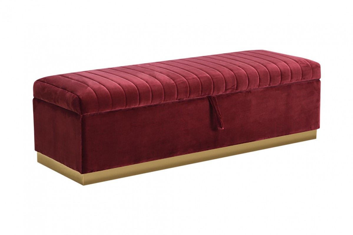 Rectangular Modern Red Velvet Storage Bench w/ Gold Metal