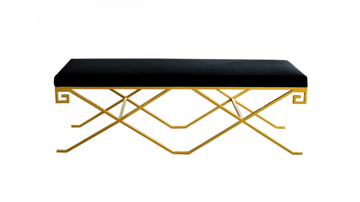 Rectangular Modern Black Velvet Bench w/ Champagne Gold Steel Frame