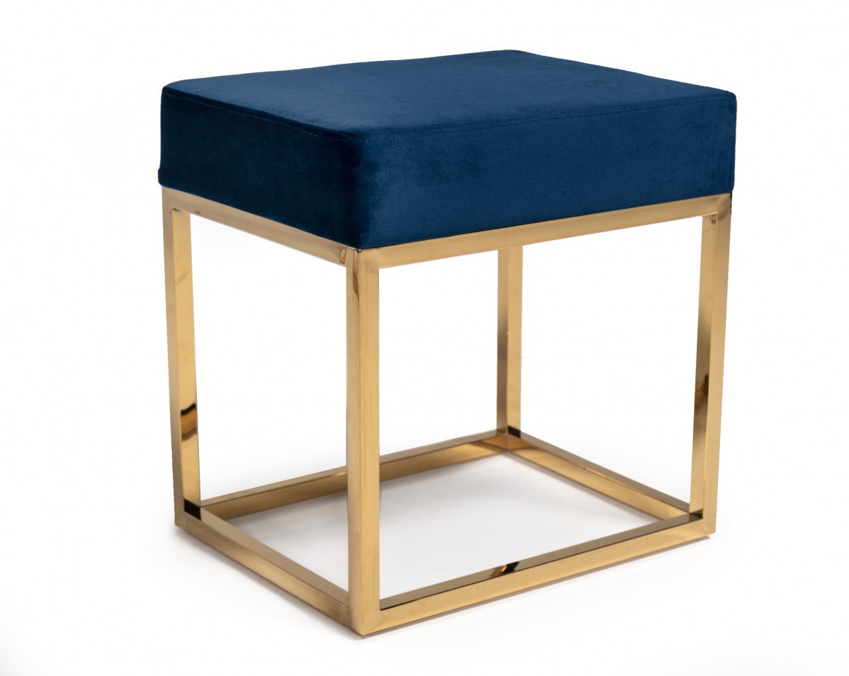 Square Modern Blue Velvet Ottoman w/ Gold Stainless Steel