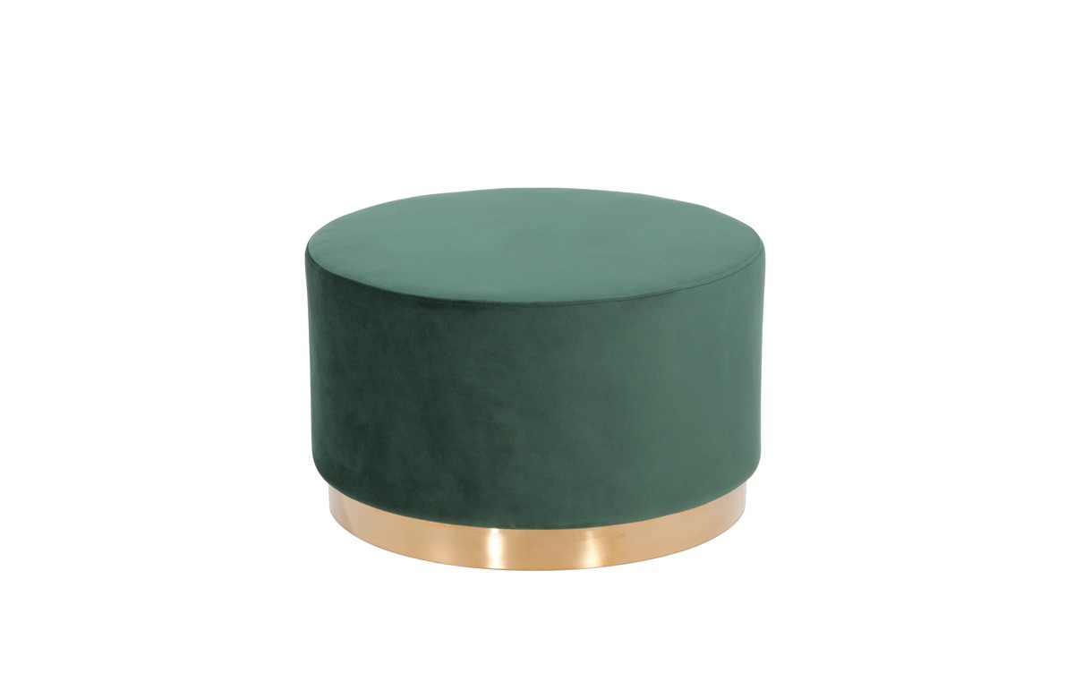 Round Modern Green Velvet Fabric Upholstered Ottoman w/ Gold Stainless Steel Base