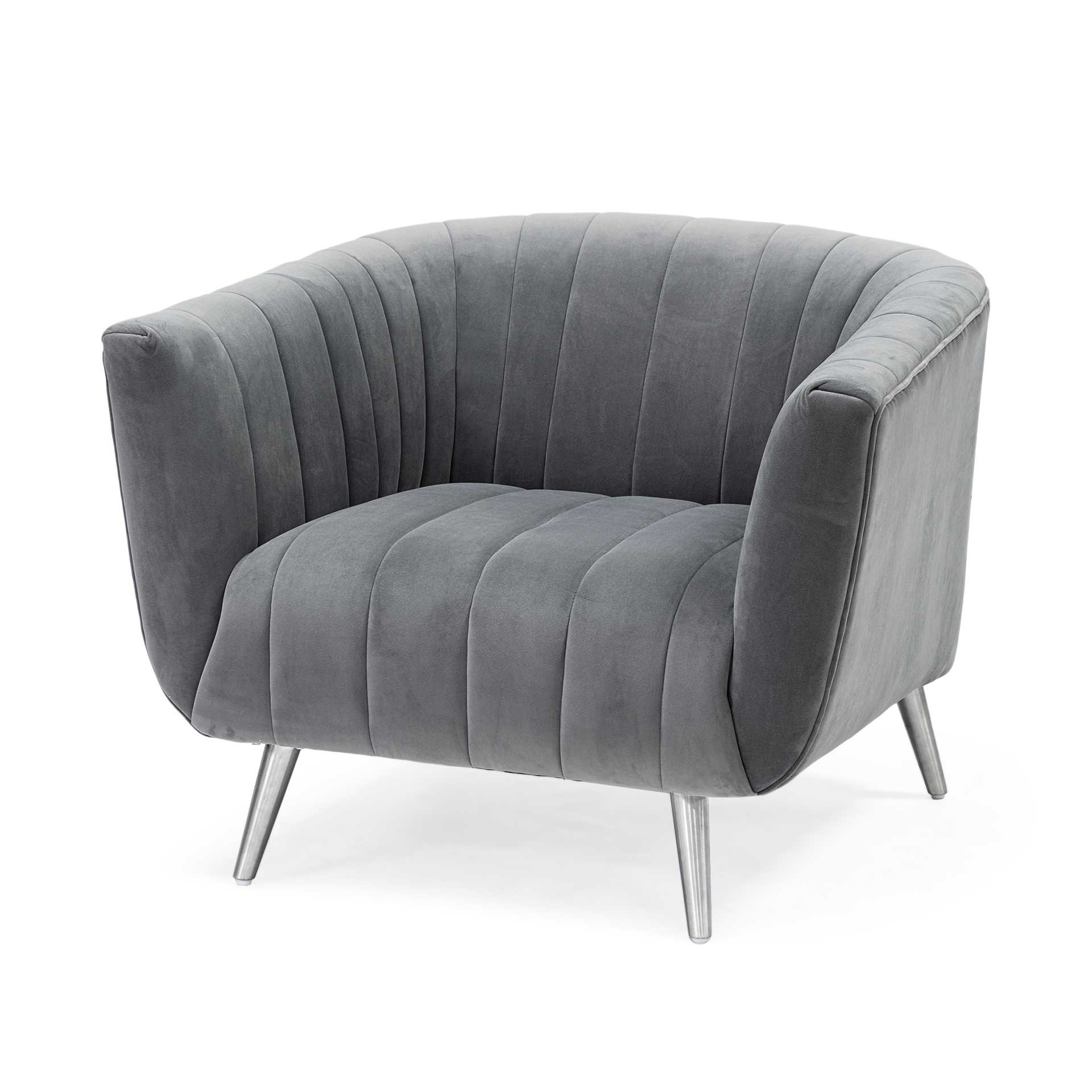 Gray Velvet-Wrapped Seating Wide Accent chair w/ Wooden Frame and Silver Iron Legs