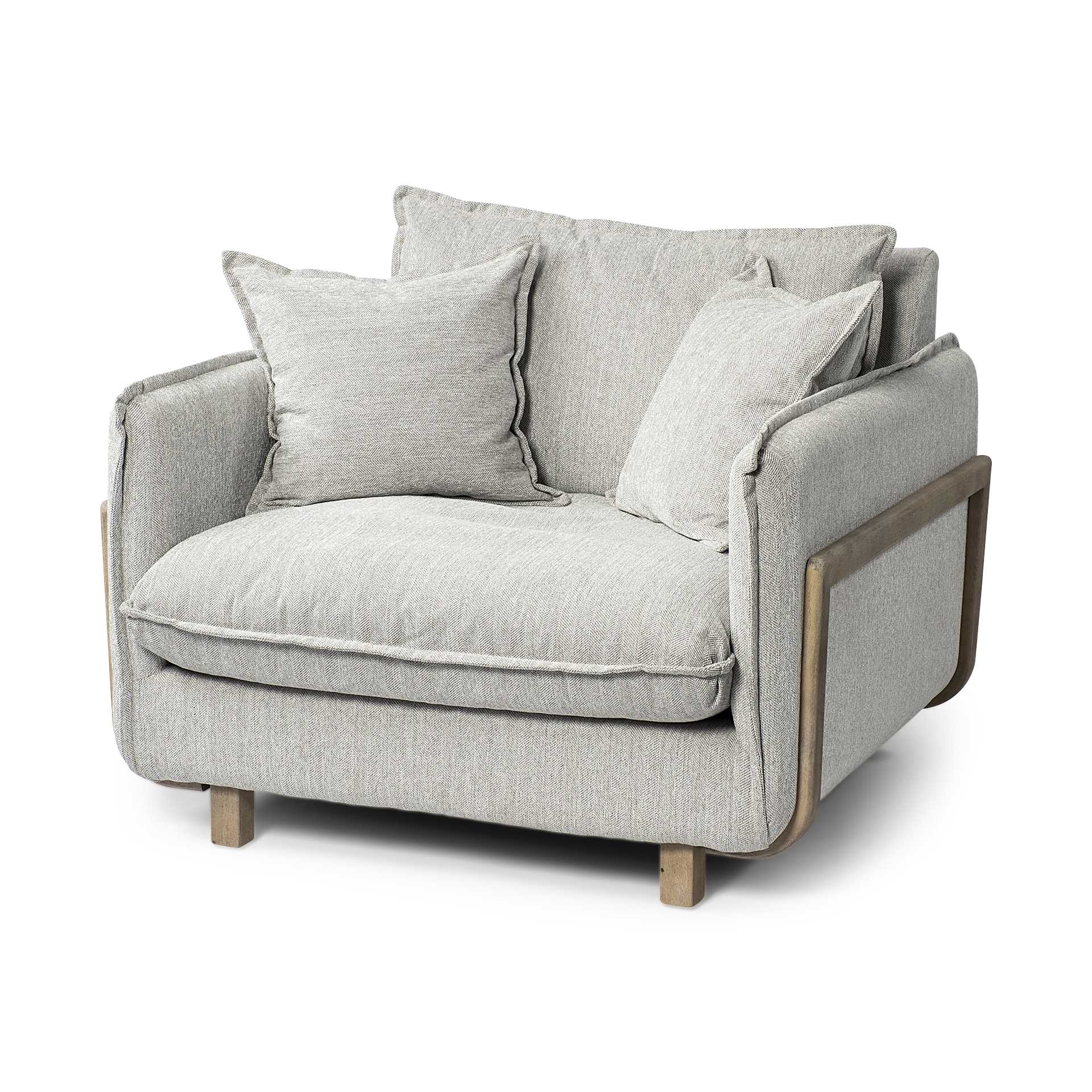 Frost Gray Upholstered Fabric Seating Wide Accent chair w/ Wooden Frame and Lumbar Pillow