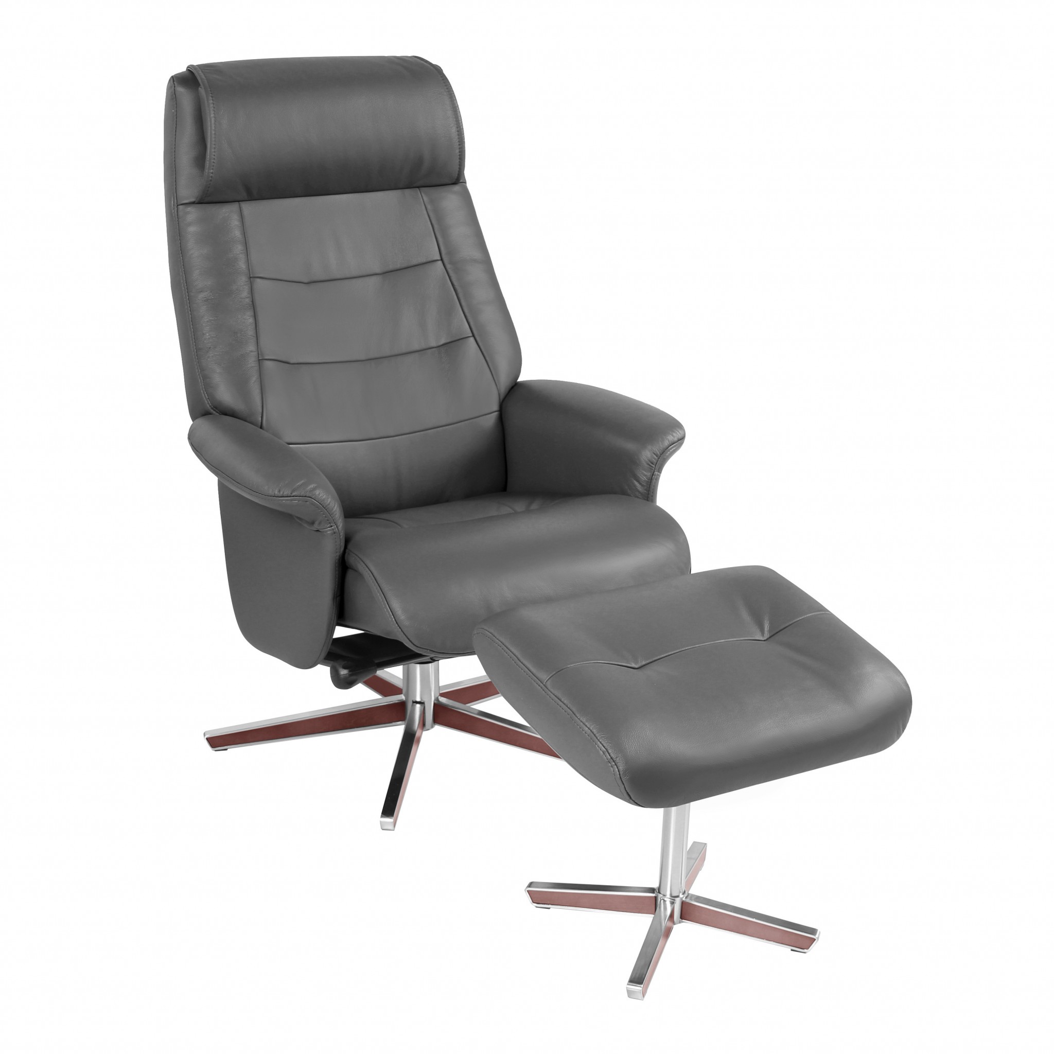 26" x 19" x 39.5" Dark Gray Top Grain Leather / Vinyl match Scandinavian style recline chair & ottoman