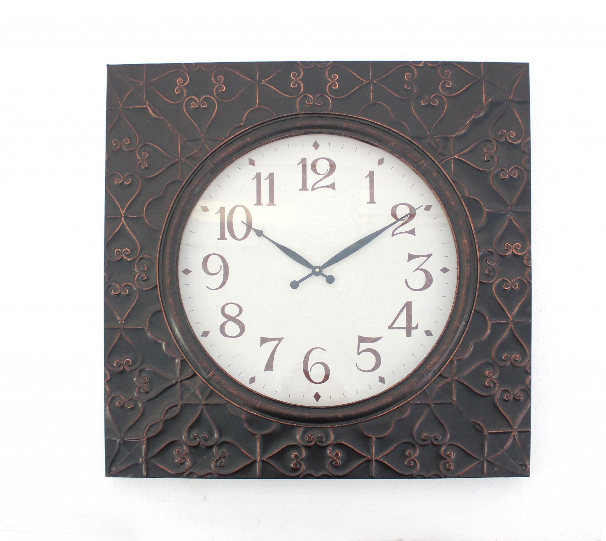 28" x 28" x 2" Brown Vintage Square Brass Metal Wall Clock