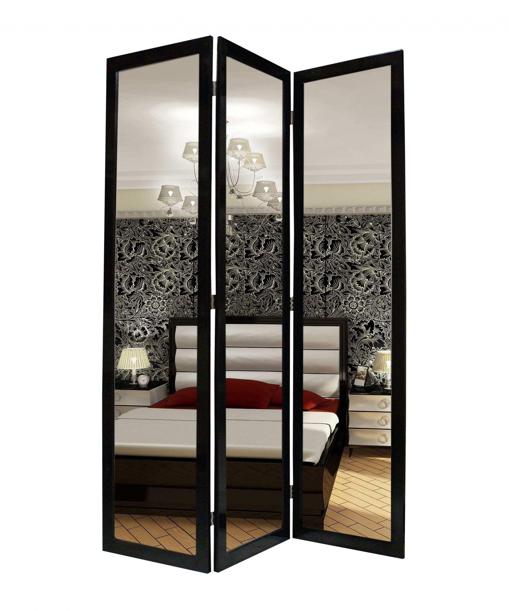 1" x 50" x 69" Black Glass & Wood Mirror Screen