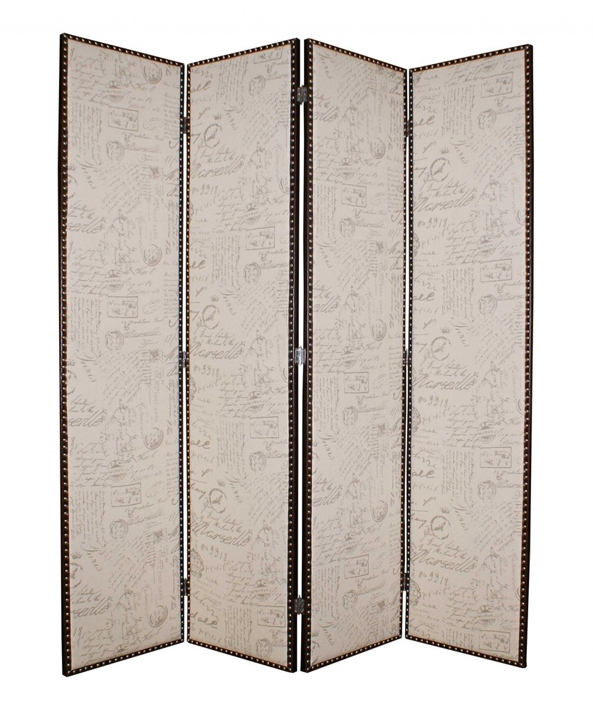 1" x 80" x 84" Beige Wood & Fabric Screen