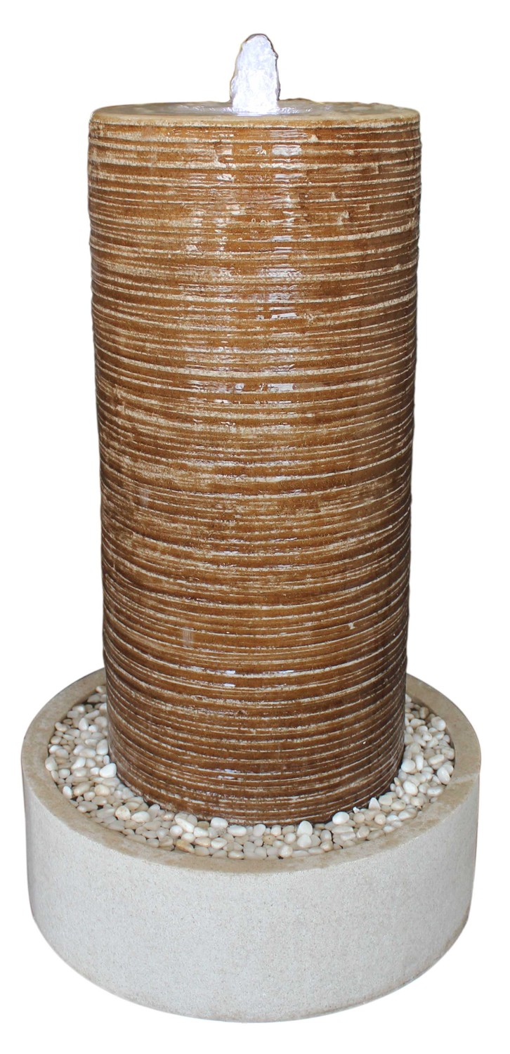 1" x 19" x 32" Tan Ribbed Column Round Base With Pebbles Indoor Outdoor Fountain