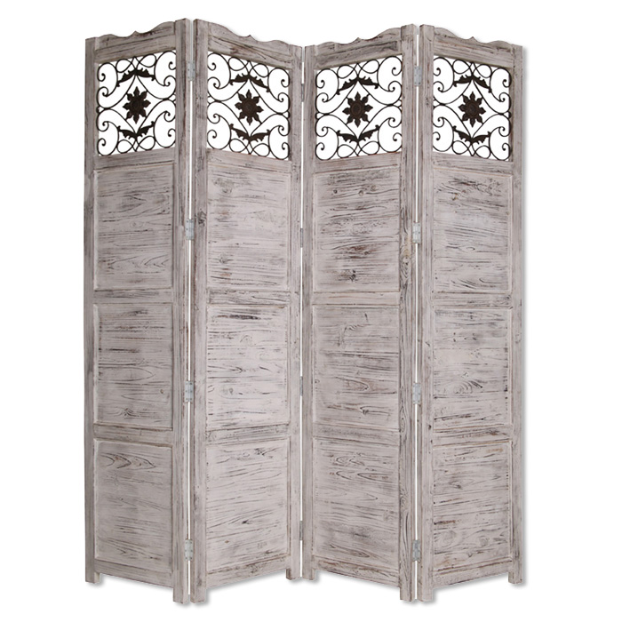 Gray Wash 4 Panel with Scroll Work Room Divider Screen