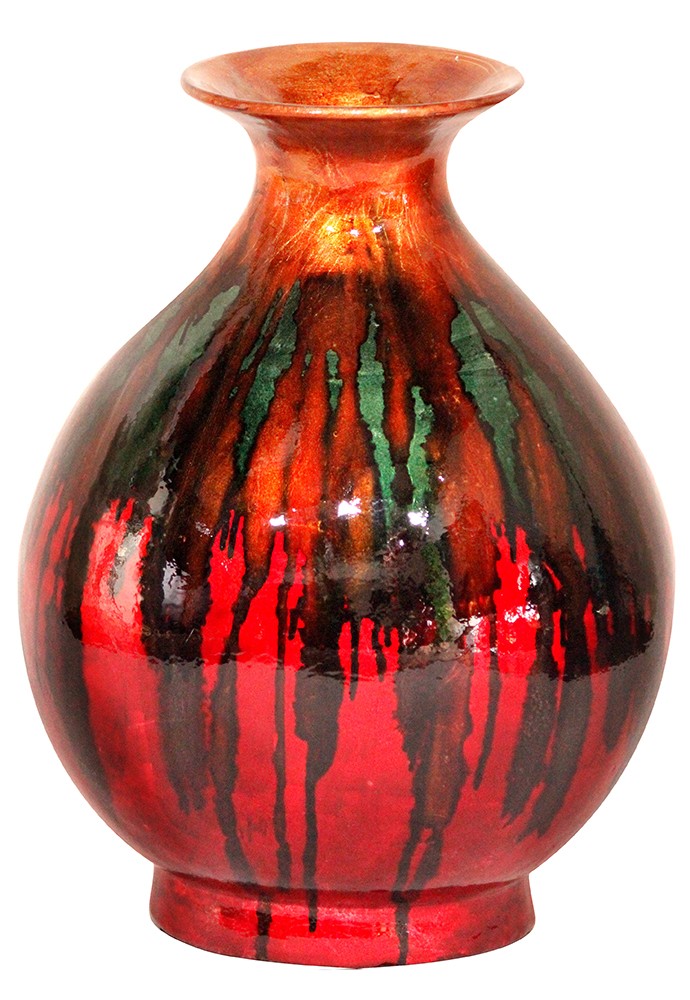 14.5" X 14.5" X 19" Orange Green And Red Ceramic Foiled and Lacquered Ceramic Vase