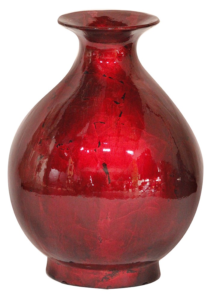 14.5" X 14.5" X 19" Red Ceramic Foiled and Lacquered Ceramic Vase