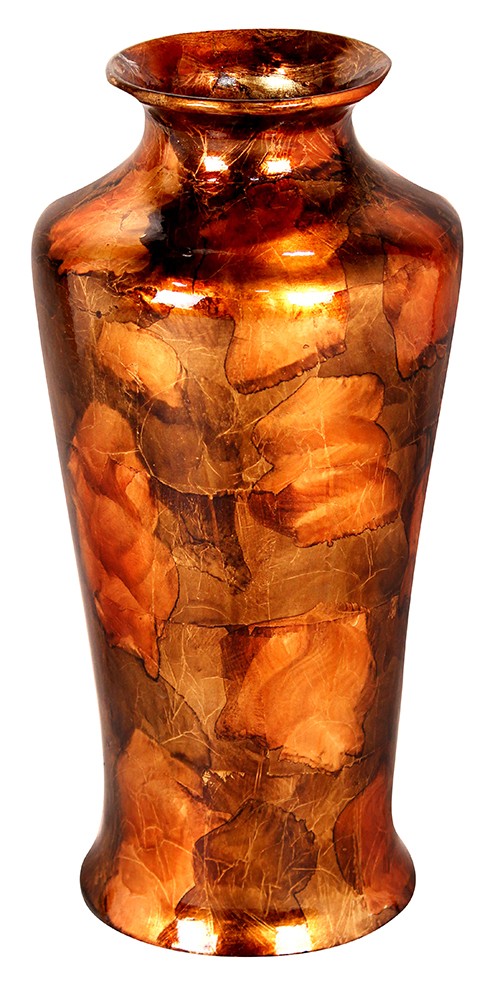7" X 7" X 24.5" Copper Brown And Orange Ceramic Foiled and Lacquered Ceramic Floor Vase