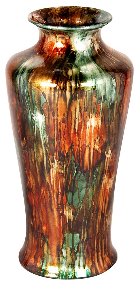 7" X 7" X 24.5" Turquoise Copper And Bronze Ceramic Foiled and Lacquered Ceramic Floor Vase