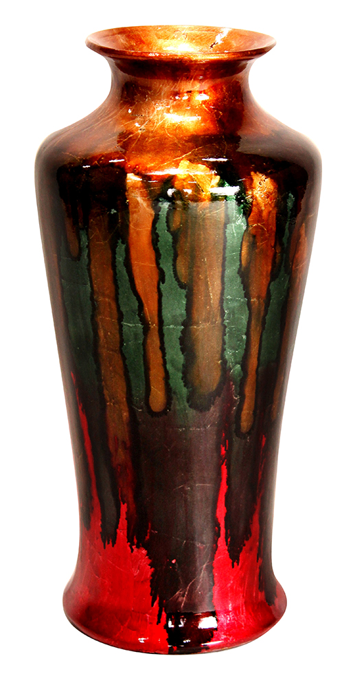 7" X 7" X 24.5" Gold Green Blue And Red Ceramic Foiled and Lacquered Ceramic Floor Vase