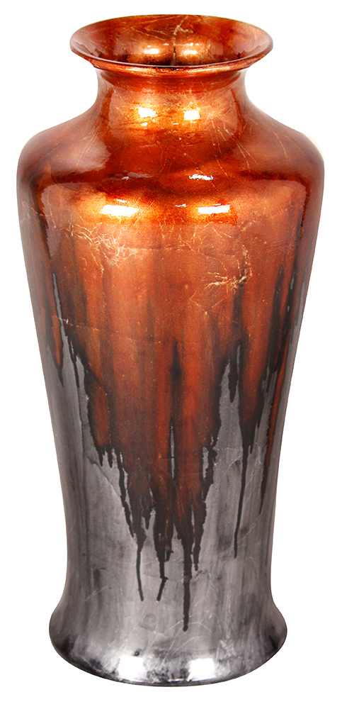 7" X 7" X 24.5" Copper And Pewter Ceramic Foiled and Lacquered Ceramic Floor Vase