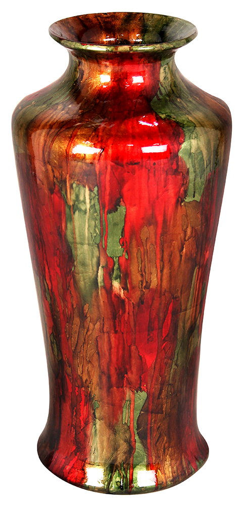 7" X 7" X 24.5" Green Red And Copper Ceramic Foiled and Lacquered Ceramic Floor Vase