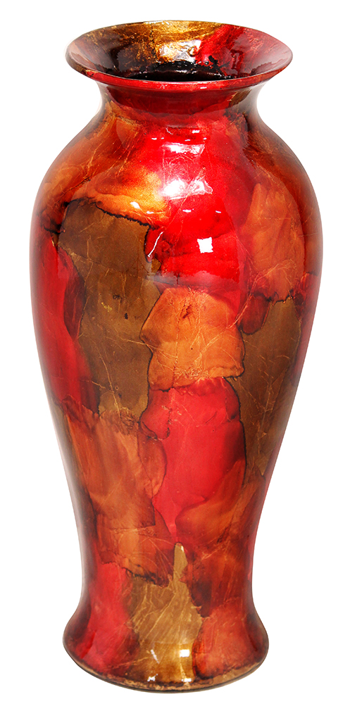 8.75" X 8.75" X 21.25" Copper Red And Gold Ceramic Foiled and Lacquered Ceramic Vase