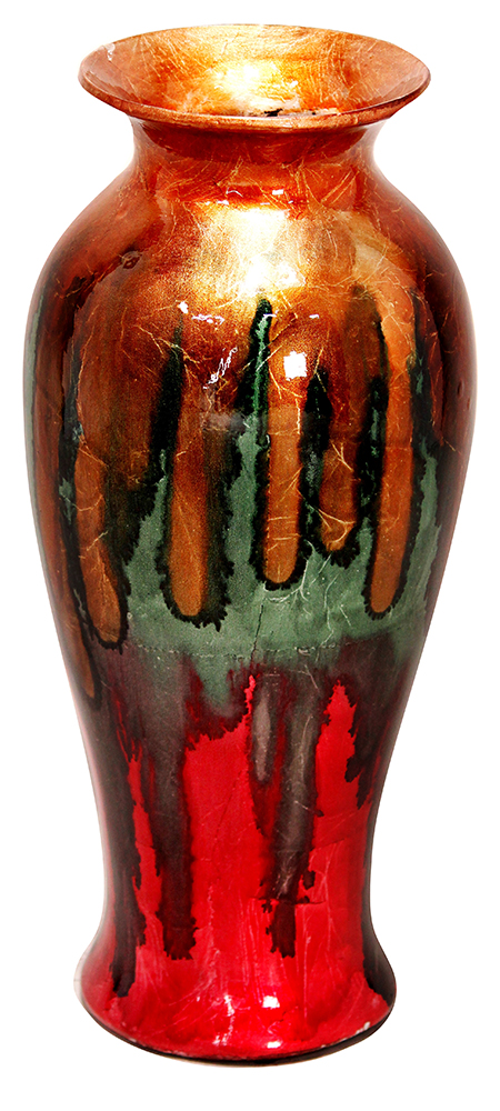 8.75" X 8.75" X 21.25" Gold Green Blue And Red Ceramic Foiled and Lacquered Ceramic Vase