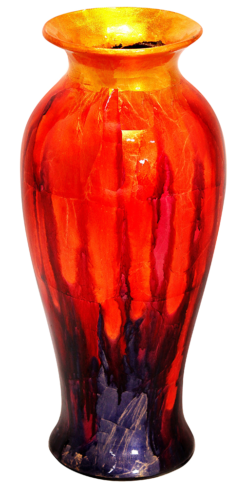 8.75" X 8.75" X 21.25" Gold Orange And Blue Ceramic Foiled and Lacquered Ceramic Vase