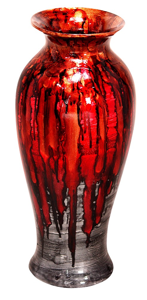 8.75" X 8.75" X 21.25" Red And Gray Ceramic Foiled and Lacquered Ceramic Vase